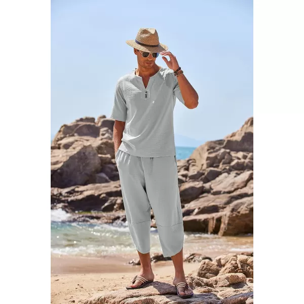 COOFANDY Men's 2 Pieces Linen Set Henley Shirt Short Sleeve and Harem Capri Pants Wide Leg Baggy Beach Yoga Trousers Outfits