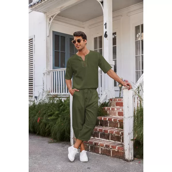 COOFANDY Men's 2 Pieces Linen Set Henley Shirt Short Sleeve and Harem Capri Pants Wide Leg Baggy Beach Yoga Trousers Outfits