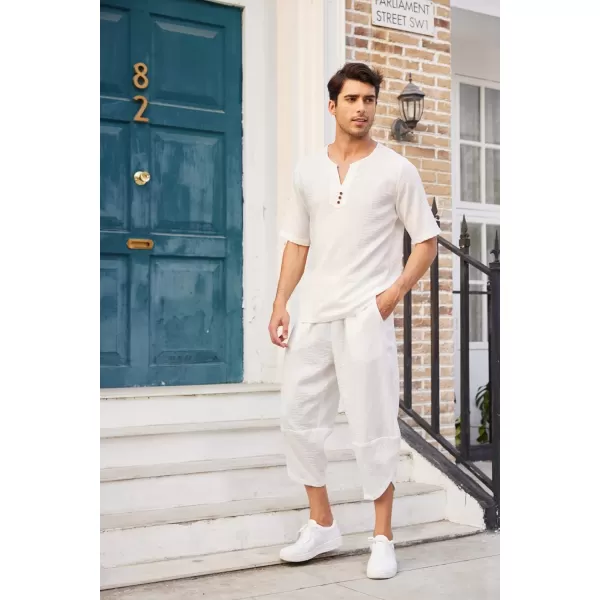 COOFANDY Men's 2 Pieces Linen Set Henley Shirt Short Sleeve and Harem Capri Pants Wide Leg Baggy Beach Yoga Trousers Outfits