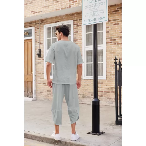 COOFANDY Men's 2 Pieces Linen Set Henley Shirt Short Sleeve and Harem Capri Pants Wide Leg Baggy Beach Yoga Trousers Outfits