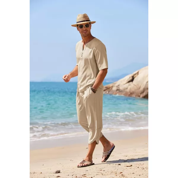 COOFANDY Men's 2 Pieces Linen Set Henley Shirt Short Sleeve and Harem Capri Pants Wide Leg Baggy Beach Yoga Trousers Outfits