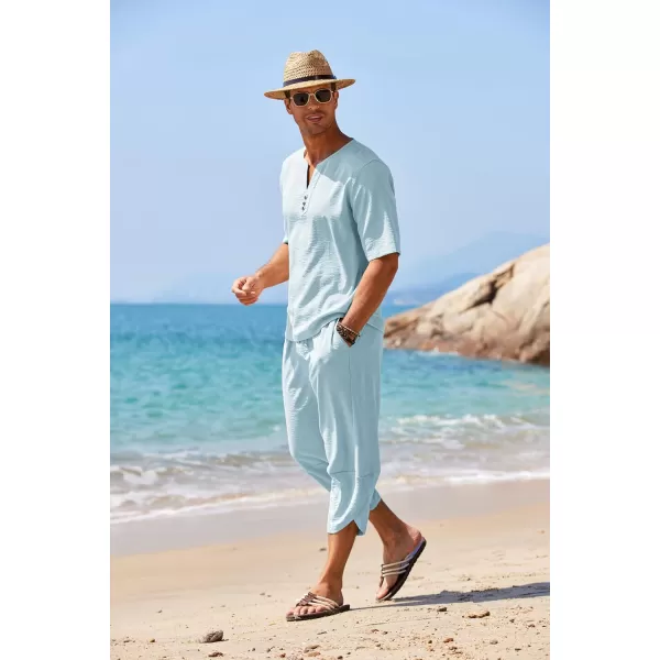 COOFANDY Men's 2 Pieces Linen Set Henley Shirt Short Sleeve and Harem Capri Pants Wide Leg Baggy Beach Yoga Trousers Outfits