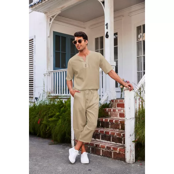 COOFANDY Men's 2 Pieces Linen Set Henley Shirt Short Sleeve and Harem Capri Pants Wide Leg Baggy Beach Yoga Trousers Outfits