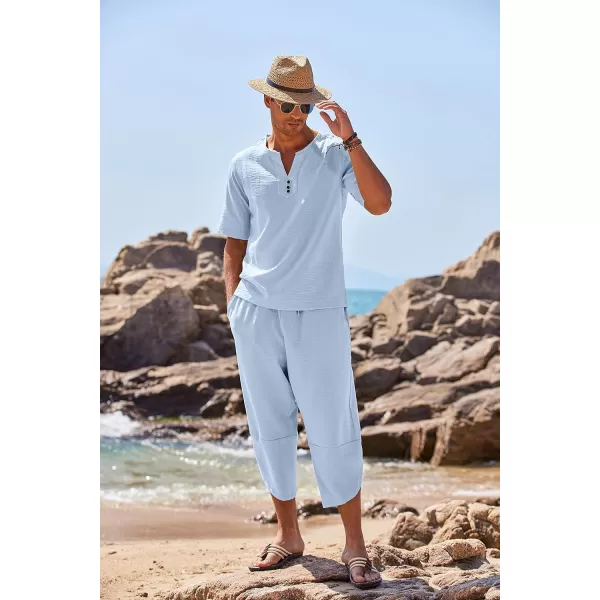 COOFANDY Men's 2 Pieces Linen Set Henley Shirt Short Sleeve and Harem Capri Pants Wide Leg Baggy Beach Yoga Trousers Outfits