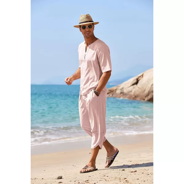 COOFANDY Men's 2 Pieces Linen Set Henley Shirt Short Sleeve and Harem Capri Pants Wide Leg Baggy Beach Yoga Trousers Outfits