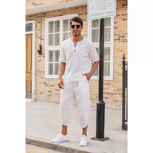 COOFANDY Men's 2 Pieces Linen Set Henley Shirt Short Sleeve and Harem Capri Pants Wide Leg Baggy Beach Yoga Trousers Outfits