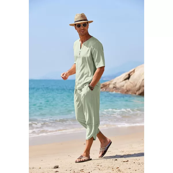 COOFANDY Men's 2 Pieces Linen Set Henley Shirt Short Sleeve and Harem Capri Pants Wide Leg Baggy Beach Yoga Trousers Outfits