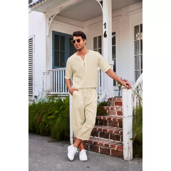 COOFANDY Men's 2 Pieces Linen Set Henley Shirt Short Sleeve and Harem Capri Pants Wide Leg Baggy Beach Yoga Trousers Outfits