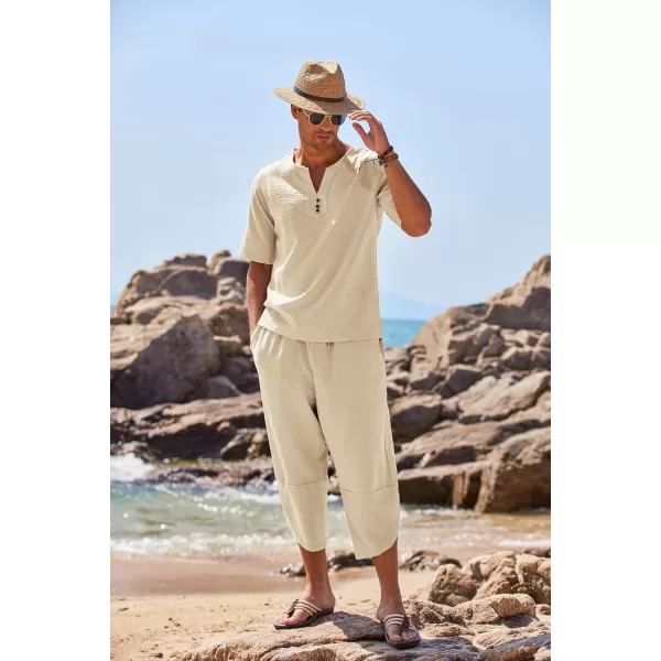 COOFANDY Men's 2 Pieces Linen Set Henley Shirt Short Sleeve and Harem Capri Pants Wide Leg Baggy Beach Yoga Trousers Outfits