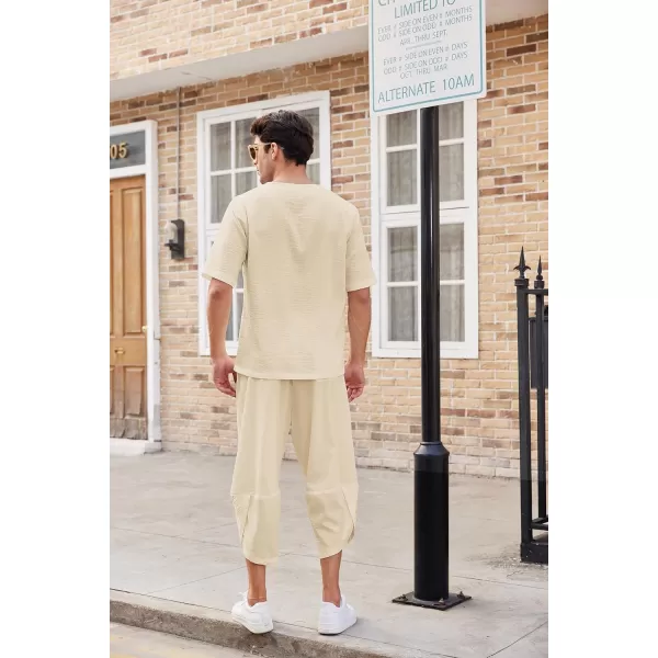 COOFANDY Men's 2 Pieces Linen Set Henley Shirt Short Sleeve and Harem Capri Pants Wide Leg Baggy Beach Yoga Trousers Outfits