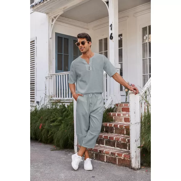 COOFANDY Men's 2 Pieces Linen Set Henley Shirt Short Sleeve and Harem Capri Pants Wide Leg Baggy Beach Yoga Trousers Outfits
