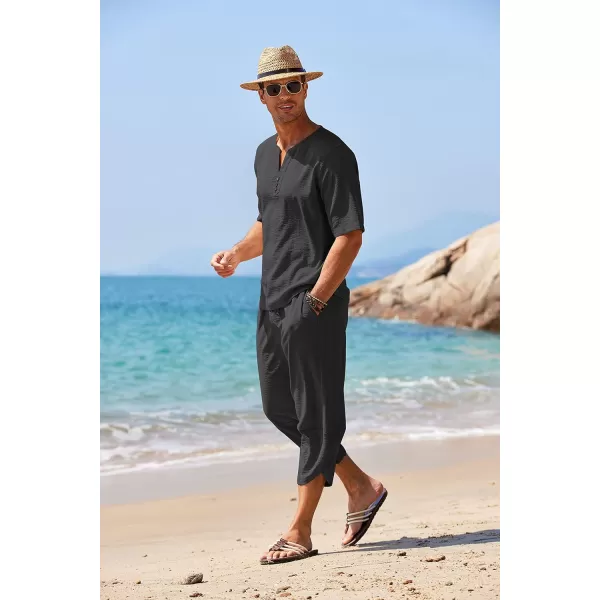 COOFANDY Men's 2 Pieces Linen Set Henley Shirt Short Sleeve and Harem Capri Pants Wide Leg Baggy Beach Yoga Trousers Outfits