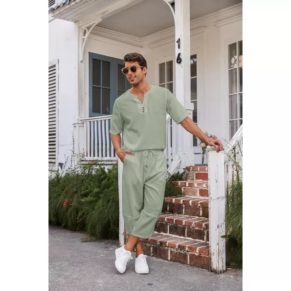 COOFANDY Men's 2 Pieces Linen Set Henley Shirt Short Sleeve and Harem Capri Pants Wide Leg Baggy Beach Yoga Trousers Outfits