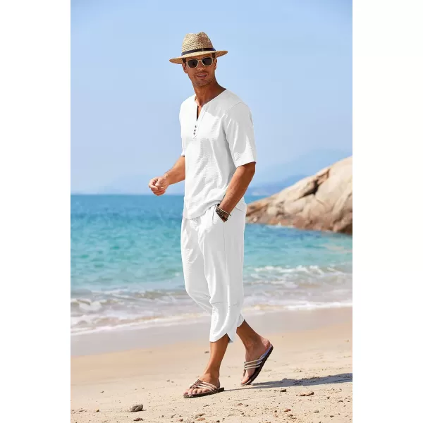 COOFANDY Men's 2 Pieces Linen Set Henley Shirt Short Sleeve and Harem Capri Pants Wide Leg Baggy Beach Yoga Trousers Outfits