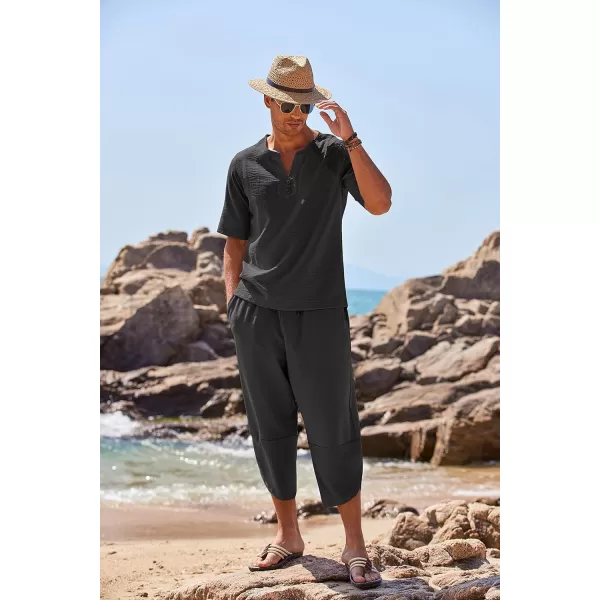 COOFANDY Men's 2 Pieces Linen Set Henley Shirt Short Sleeve and Harem Capri Pants Wide Leg Baggy Beach Yoga Trousers Outfits