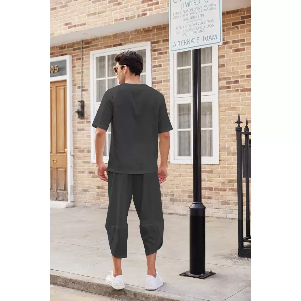 COOFANDY Men's 2 Pieces Linen Set Henley Shirt Short Sleeve and Harem Capri Pants Wide Leg Baggy Beach Yoga Trousers Outfits