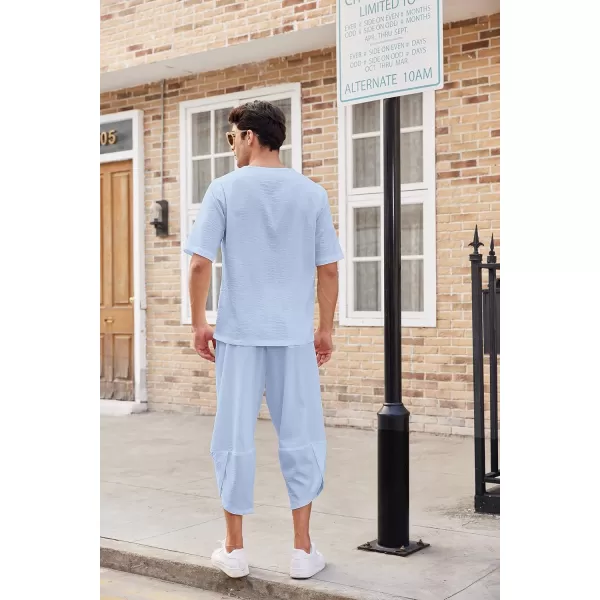 COOFANDY Men's 2 Pieces Linen Set Henley Shirt Short Sleeve and Harem Capri Pants Wide Leg Baggy Beach Yoga Trousers Outfits