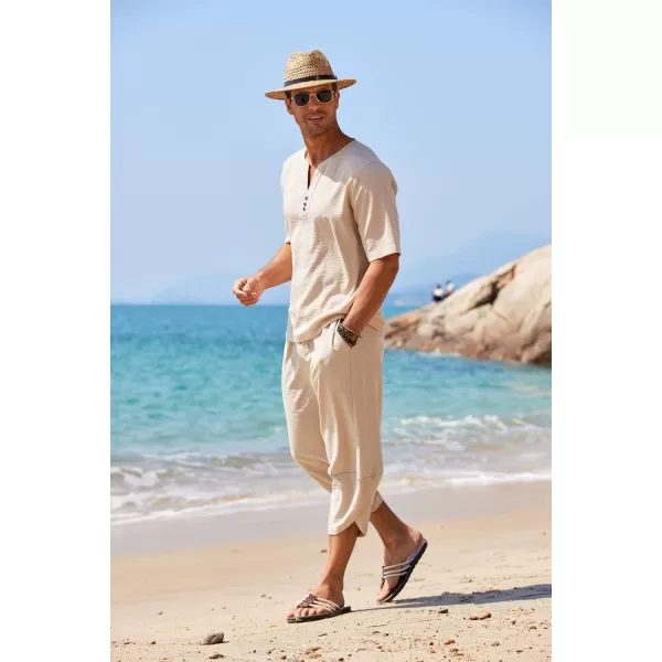 COOFANDY Men's 2 Pieces Linen Set Henley Shirt Short Sleeve and Harem Capri Pants Wide Leg Baggy Beach Yoga Trousers Outfits