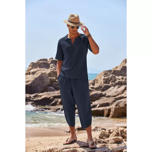COOFANDY Men's 2 Pieces Linen Set Henley Shirt Short Sleeve and Harem Capri Pants Wide Leg Baggy Beach Yoga Trousers Outfits