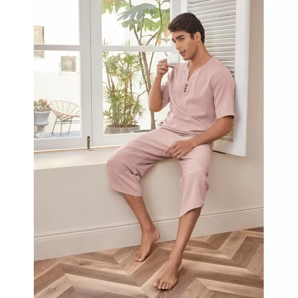 COOFANDY Men's 2 Pieces Linen Set Henley Shirt Short Sleeve and Harem Capri Pants Wide Leg Baggy Beach Yoga Trousers Outfits