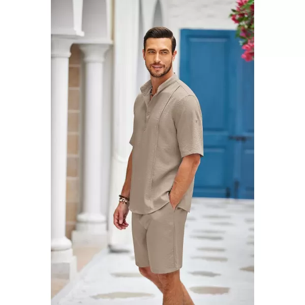 COOFANDY Men's 2 Pieces Linen Set Henley Shirt Short Sleeve and Shorts Summer Beach Yoga Matching Outfits