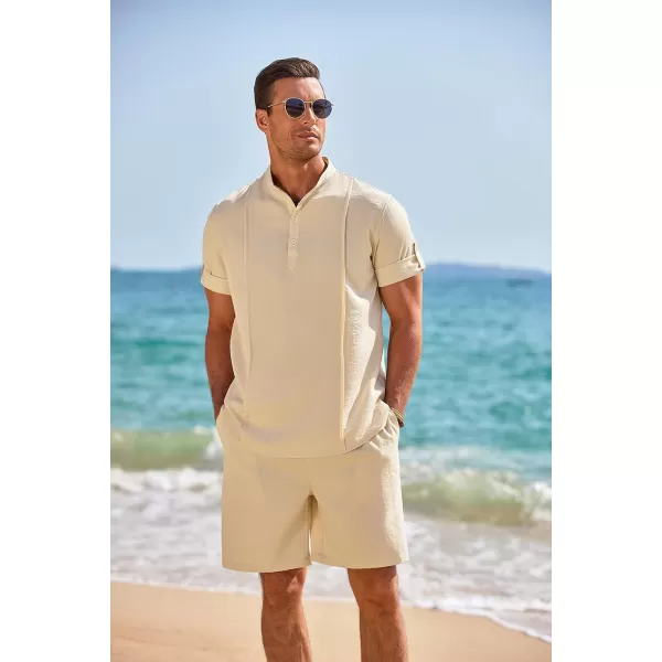 COOFANDY Men's 2 Pieces Linen Set Henley Shirt Short Sleeve and Shorts Summer Beach Yoga Matching Outfits