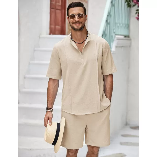 COOFANDY Men's 2 Pieces Linen Set Henley Shirt Short Sleeve and Shorts Summer Beach Yoga Matching Outfits