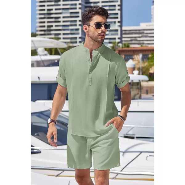 COOFANDY Men's 2 Pieces Linen Set Henley Shirt Short Sleeve and Shorts Summer Beach Yoga Matching Outfits