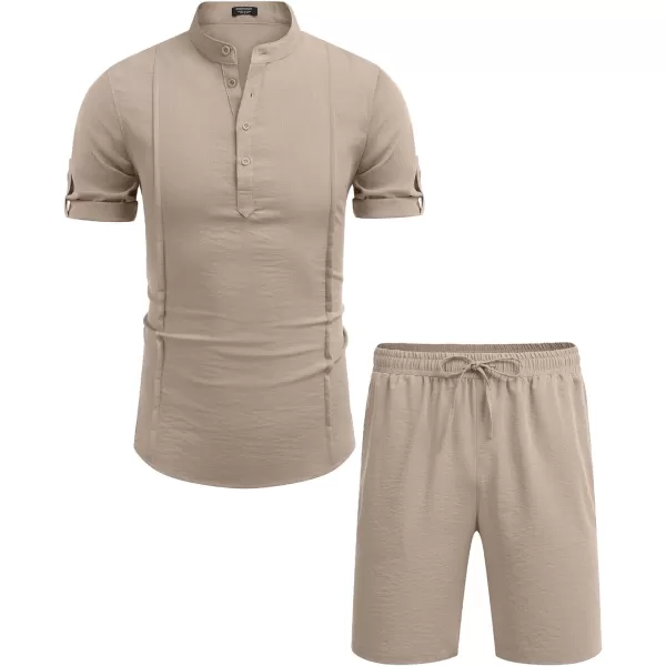 COOFANDY Men's 2 Pieces Linen Set Henley Shirt Short Sleeve and Shorts Summer Beach Yoga Matching Outfits