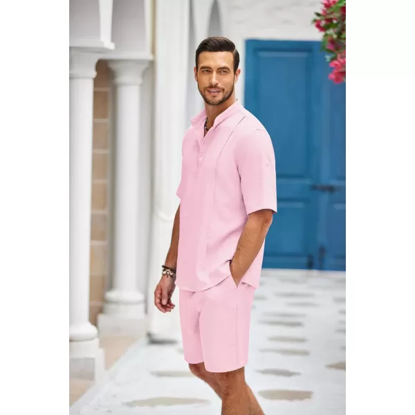 COOFANDY Men's 2 Pieces Linen Set Henley Shirt Short Sleeve and Shorts Summer Beach Yoga Matching Outfits