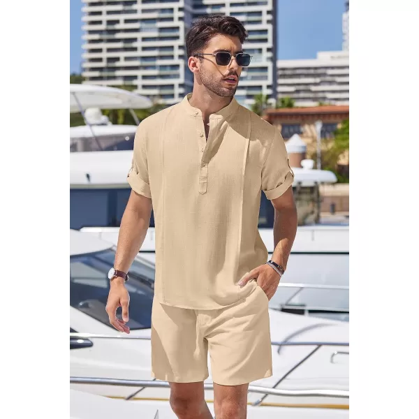 COOFANDY Men's 2 Pieces Linen Set Henley Shirt Short Sleeve and Shorts Summer Beach Yoga Matching Outfits