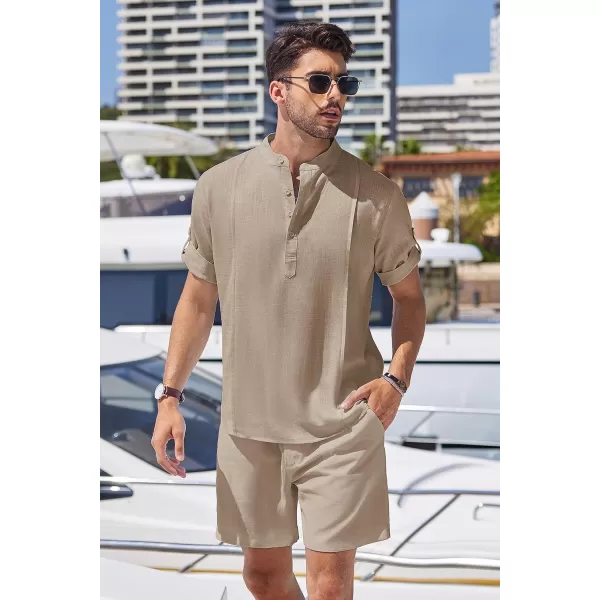 COOFANDY Men's 2 Pieces Linen Set Henley Shirt Short Sleeve and Shorts Summer Beach Yoga Matching Outfits