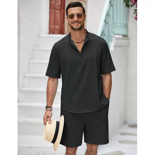 COOFANDY Men's 2 Pieces Linen Set Henley Shirt Short Sleeve and Shorts Summer Beach Yoga Matching Outfits