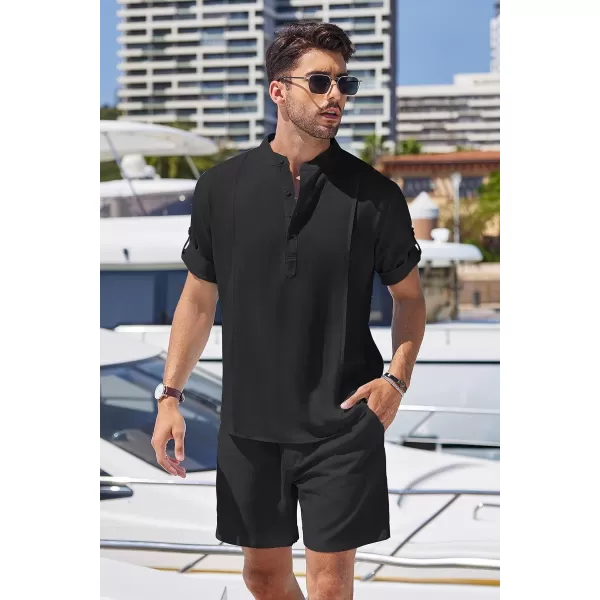 COOFANDY Men's 2 Pieces Linen Set Henley Shirt Short Sleeve and Shorts Summer Beach Yoga Matching Outfits