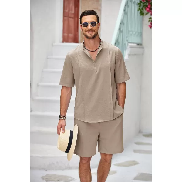COOFANDY Men's 2 Pieces Linen Set Henley Shirt Short Sleeve and Shorts Summer Beach Yoga Matching Outfits