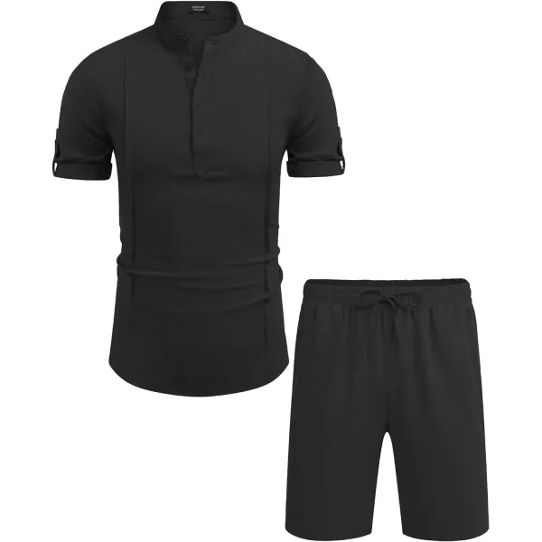 COOFANDY Men's 2 Pieces Linen Set Henley Shirt Short Sleeve and Shorts Summer Beach Yoga Matching Outfits