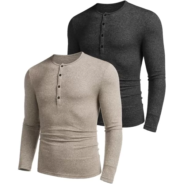 COOFANDY Men's 2Pack Slim Fit Henley Shirts Long Sleeve Lightweight Fashion Casual Cotton Basic T Shirts