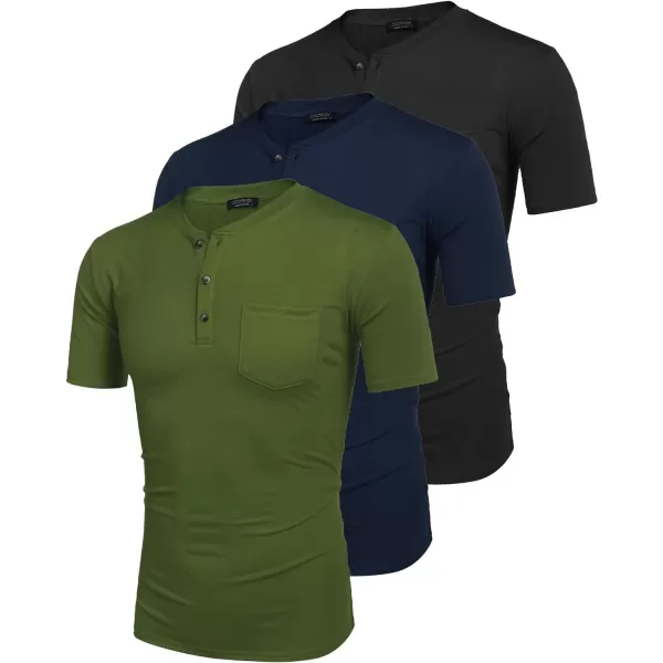 COOFANDY Men's 3 Pack Henley Shirts Short Sleeve Casual Basic Tees Classic Henley Summer Solid T Shirts with Pocket