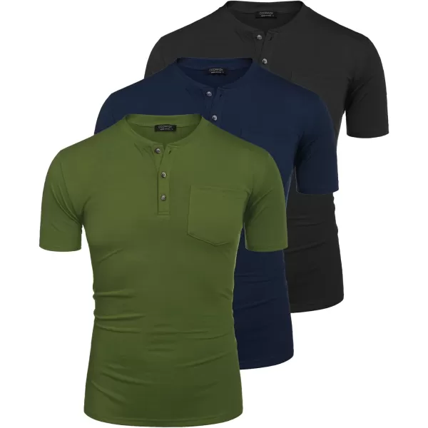 COOFANDY Men's 3 Pack Henley Shirts Short Sleeve Casual Basic Tees Classic Henley Summer Solid T Shirts with Pocket