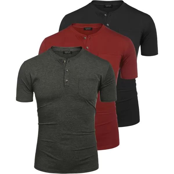 COOFANDY Men's 3 Pack Henley Shirts Short Sleeve Casual Basic Tees Classic Henley Summer Solid T Shirts with Pocket