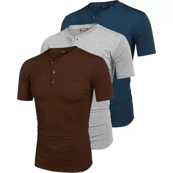 COOFANDY Men's 3 Pack Henley Shirts Short Sleeve Casual Basic Tees Classic Henley Summer Solid T Shirts with Pocket