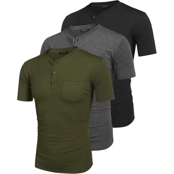 COOFANDY Men's 3 Pack Henley Shirts Short Sleeve Casual Basic Tees Classic Henley Summer Solid T Shirts with Pocket