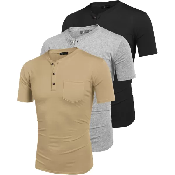 COOFANDY Men's 3 Pack Henley Shirts Short Sleeve Casual Basic Tees Classic Henley Summer Solid T Shirts with Pocket