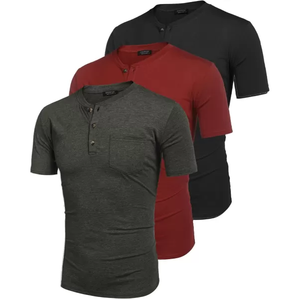 COOFANDY Men's 3 Pack Henley Shirts Short Sleeve Casual Basic Tees Classic Henley Summer Solid T Shirts with Pocket