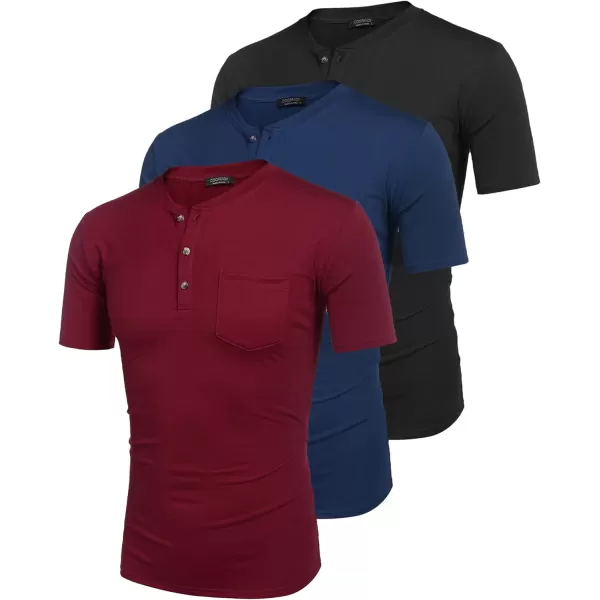 COOFANDY Men's 3 Pack Henley Shirts Short Sleeve Casual Basic Tees Classic Henley Summer Solid T Shirts with Pocket