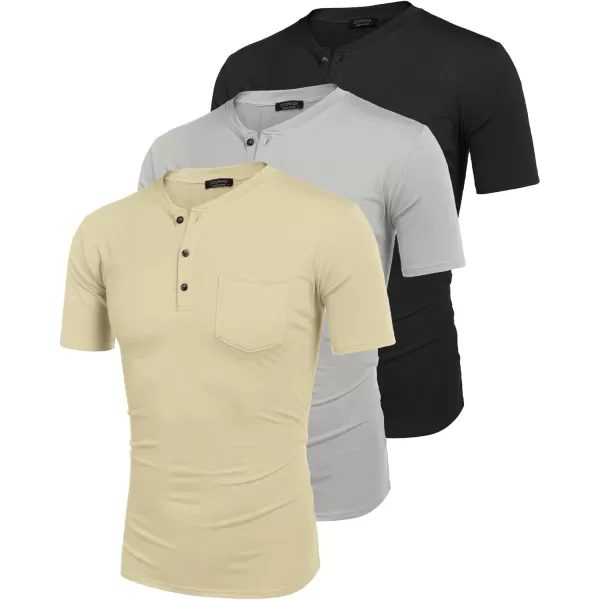 COOFANDY Men's 3 Pack Henley Shirts Short Sleeve Casual Basic Tees Classic Henley Summer Solid T Shirts with Pocket