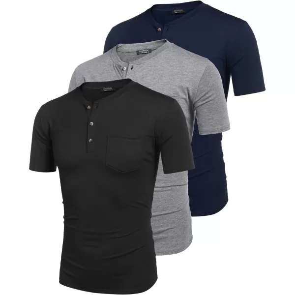 COOFANDY Men's 3 Pack Henley Shirts Short Sleeve Casual Basic Tees Classic Henley Summer Solid T Shirts with Pocket