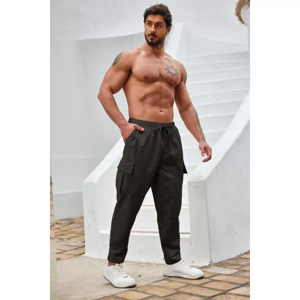 COOFANDY Mens Cargo Pants Relaxed Fit Casual Linen Pants Drawstring Sweatpants with 6 Pockets