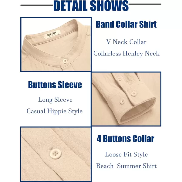 COOFANDY Men's Casual Henley Shirt Band Collar Long Sleeve Shirt Beach Hippie Summer T-Shirt