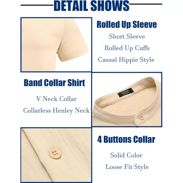 COOFANDY Men's Casual Henley Shirt Band Collar Short Sleeve Shirt Summer Beach Hippie T-Shirt